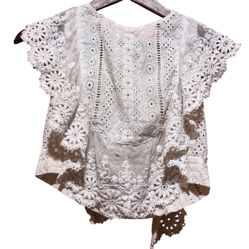 Free People White Cotton Eyelet‎ Lace Cropped Peasant Top Cottage Core Ladies XS